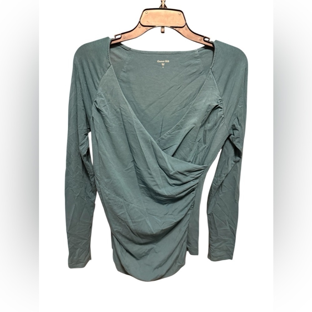 Garnet Hill Long Sleeve Wrap Blouse Green Size Small Cotton/Rayon Blend